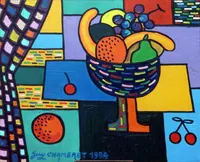 peinture : Coupe de fruits au rideau