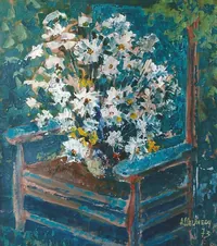 Peinture - Le bouquet au fauteuil