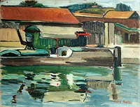peinture : Péniche sur bord du canal