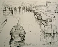 peinture : Dijon. Bateaux sur le port