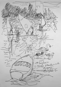 peinture : Barque, planche et Cygnes
