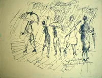 peinture : Elégantes sous la pluie