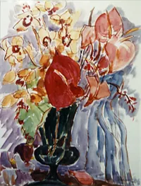 peinture : Bouquet au vase vert n°1