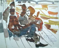 peinture : Etudiants sur les quais. Budapest