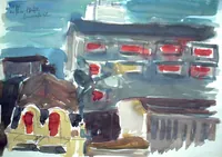 peinture : Skopje en face de l'hôtel T.